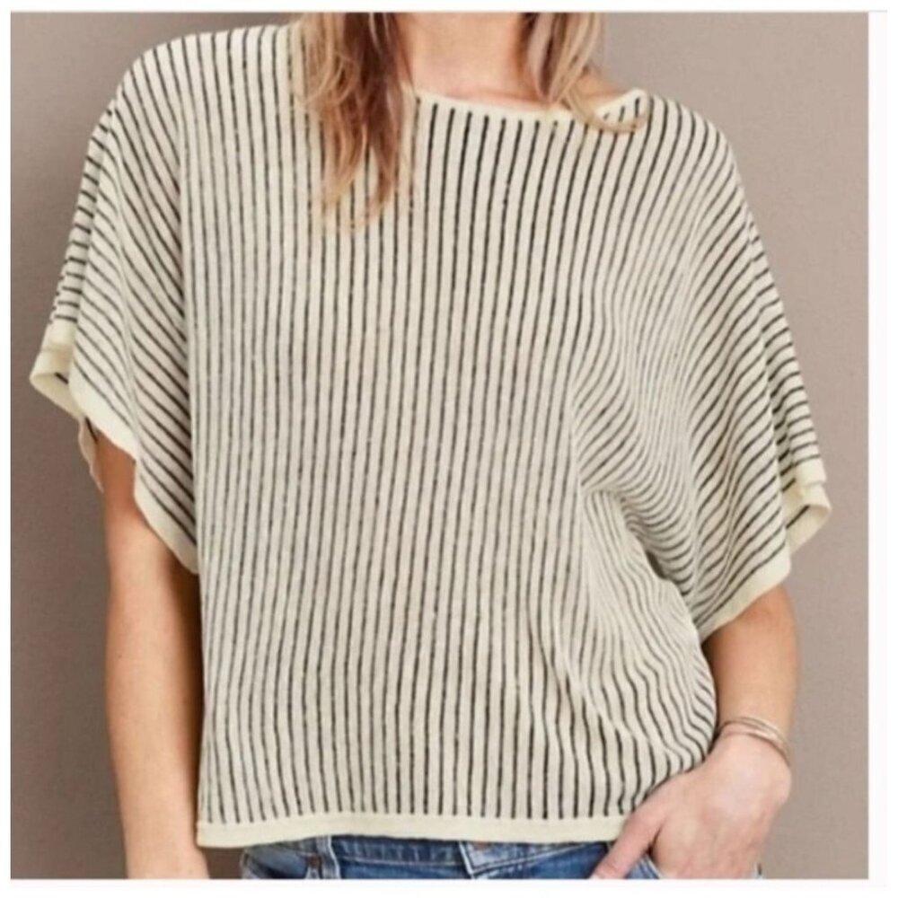 Eileen Fisher Black/White Striped Organic Linen & Tencel Top Sweater Women's Siz